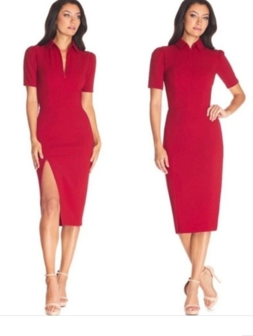 Dress the Population Red Collared Midi Dress with Front Slit